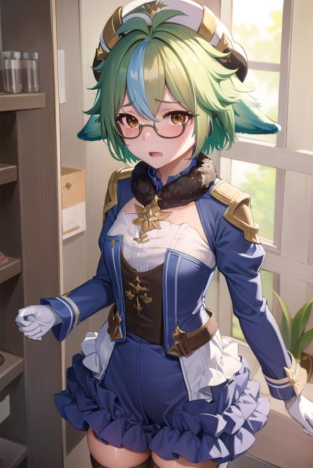 sucrose, <lora:sucrose-lora-nochekaiser:1>,
sucrose, ahoge, animal ears, (brown eyes:1.5), glasses, gradient hair, hair between eyes, messy hair, multicolored hair, semi-rimless eyewear, short hair, green hair, <lora:yudedako_v100:1>, <lora:wavymouth_type2_v100:1>, open mouth,
BREAK frills, fur collar, gem, gloves, green thighhighs, long sleeves, thighhighs, white headwear, zettai ryouiki, skirt, blue skirt,
BREAK indoors, laboratory,
BREAK looking at viewer, (cowboy shot:1.5),
BREAK <lyco:GoodHands-beta2:1>, (masterpiece:1.2), best quality, high resolution, unity 8k wallpaper, (illustration:0.8), (beautiful detailed eyes:1.6), extremely detailed face, perfect lighting, extremely detailed CG, (perfect hands, perfect anatomy),