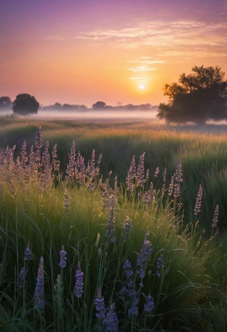 Witness the ethereal beauty of dawn, as the sky is bathed in shades of lavender, blue, and gold. Utilize stable diffusion to capture the dreamlike quality of the early morning light. Shot in stunning 4K HDR with a high-resolution camera and lens, such as a Fujifilm GFX 100S paired with a Fujinon GF 32-64mm f/4 R LM WR lens, this scene showcases the silhouetted grasses and the serene presence of small birds amidst the enchanting sky. Perfect for wallpaper, this image invites viewers to embark on a journey of imagination and wonder.