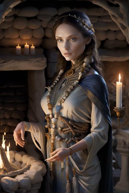<lora:bonespunk:0.6>, bones, woman wearing druid  nature-woven tunic, rustling silk in a seductress chamber, romantic fireplace, (navy, apricot, charcoal palette), masterpiece, 8k, high resolution, shallow depth of field, sharp focus