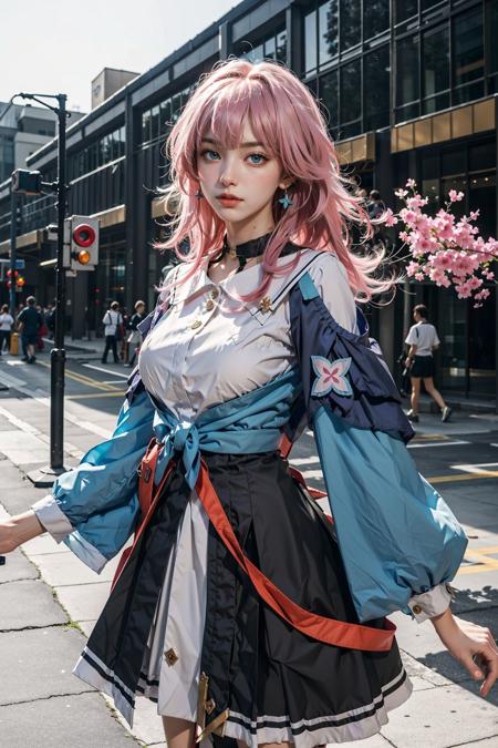 <lora:March_7th:0.7>, 1girl, March_7th(Honkai_StarRail), pink hair, medium hair, blue jacket, white shirt, huge breasts, skirt, upper body, standing, (cowboy shot),(masterpiece, high quality, best quality), (colorful),(delicate eyes and face), volumatic light, ray tracing, extremely detailed CG unity 8k wallpaper,solo, ((flying petal)), outdoors, cityscape, buildings, streets, blue sky,