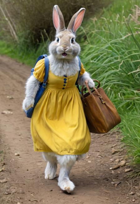 Score_9, score_8_up, score_8, solo, fluffy, (feral), outdoors, toes, furry, (((rabbit))), female, blue eyes, yellow fur, chest, claws, (fluffy cheeks:0.7), (yellow dress), in the style of beatrix potter, walking, (carrying bag), (solo:2), village