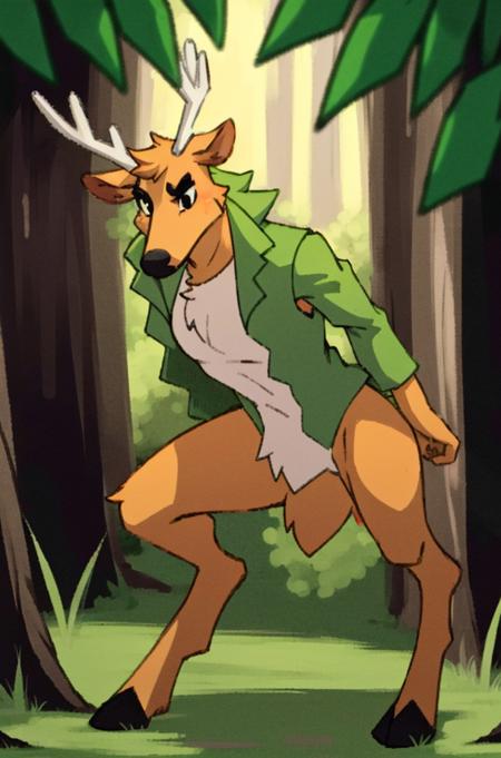 BamboCzar, (full body), (ripped sleeves, green open vest, antlers, deer ears, snout, black eyes), (masterpiece:1.2), hires, ultra-high resolution, 8K, high quality, (sharp focus:1.2), clean, crisp, cinematic, <lora:Bambo-20:0.65>