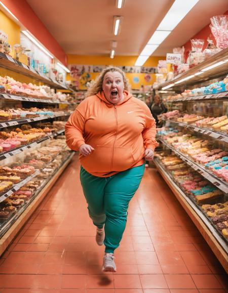 ugly unattractive woman,bad skin,(fat:1.3),bad teeth,balding,in a cake store,obese,oily hair,tracksuit,full body,running towards the camera,receding hairline,
vivid colors,cinematic angle,(cake:1.3),(candy:1.3),
