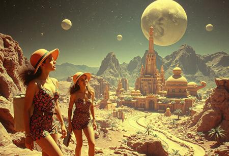 cinematic photograph, three women astro-explorers explore a mysterious psychedelic city of Fruitopia  ,1960s adventure b-movie science fiction film, technicolor , in the style of Mel Hunter