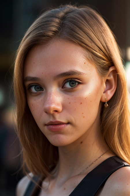 AndreaFrolikova, ((detailed face, Times Square background, detailed background, cyberpunk, shadow, dramatic lighting, by Bill Sienkiewicz, bokeh, night, midnight, darkness))