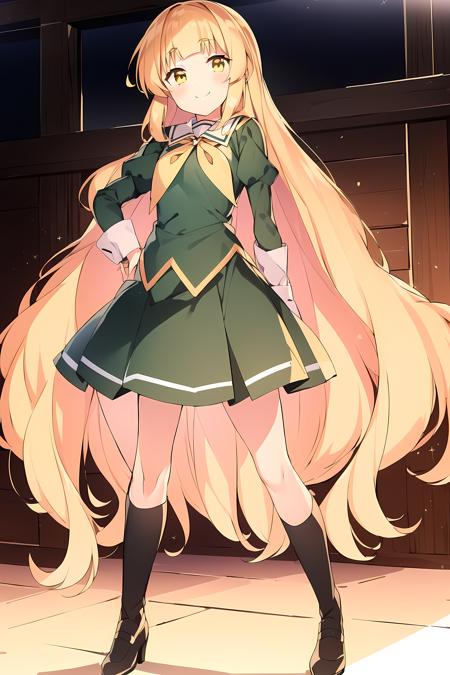 <lora:LoRA_Shiraki_Hime:1>, Shiraki Hime, 1girl, long hair, blonde hair,  green dress, black skirt, black footwear, smile, dress,  shoes, standing,