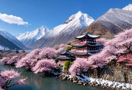 snowy highland, large snowy mountains, highly detailed pagodas, pink bloomin cherry trees along a river, photo, ultrarealistic, absurdres, 8k,