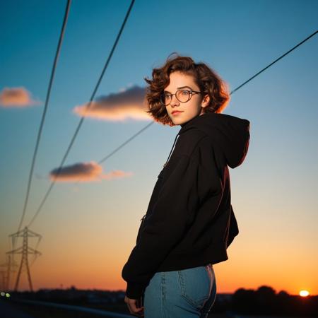 feminine, photograph, realistic, detailed, (small_breasts, perky_breasts, necklace, glasses, thick,
(20yo, nsfw, 1girl, pubic hair, short wavy hair, pretty, rouge,:1.4), sensual, exotic, mesmerizing, evocative, entrancing, artless, young, fresh, solo, (style of Henry Scott Tuke), (style of Anthony Thieme), (style of Gil Elvgren), :1.1), 
(1girl, solo, upper_body, sunset, power_lines, evening, sky, from_side, gradient_sky, long_sleeves, twilight, nose, jacket, clothes_writing, dusk, backlighting, blurry_background, sweater, turtleneck, sunrise, black_jacket, orange_sky, cloud, depth_of_field, sunlight, day, blue_sky, hood, gradient_background, hoodie, portrait, shirt,:1.0)