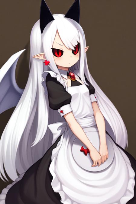 masterpiece, best_quality, 1girl, solo, long hair, bangs, red eyes, white hair, pointy ears, black sclera, maid, horns, wings<lora:pram_v1:0.8>