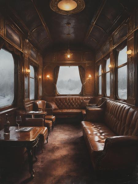 A beautiful train interior, inspired by orient express, luxury, beautiful leather sofa and chairs, ornaments and decorations. Painting, concept art, illustration, wallpaper,  <lora:Desolation:0.6>