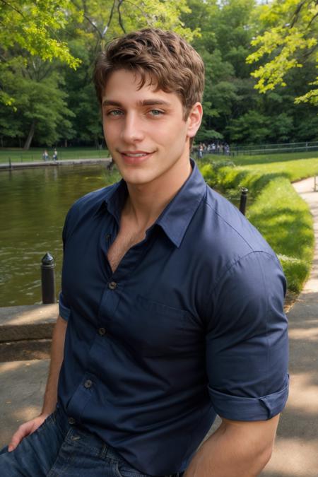 from above closeup face portrait photo of sc_brandon <lora:sc_brandon_cleancut-08:0.50> posing in New York City Central Park wearing a fitted navy blue poplin button up shirt, (smirk:0.5), candid shot, bold confident demeanor, soft diffused lighting, shallow depth of field, strong assertive pose, natural lighting, golden hour