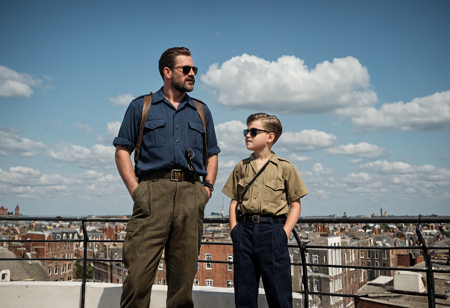 High-Resolution image of a middle-aged man standing with a 20-yo boy on a top of a building's edge, blue sky, cloudy sky,
BREAK
thigh-level view, 1940, world war 2, from side, dutch angle, rooftop edge, railing, rooftop barrier,
commander and boy, (age difference:1.75), side-by-side, father and son,
BREAK
time traveler, (boy wearing modern clothing:1.5), brightly colored 2020's cartoon t-shirt, boy visibly clashing with the 1940s setting,
BREAK
man wearing 1940's military uniform, facial hair, sunglasses, (arthur morgan, dadbod), hands in pockets, serious,
BREAK
far view, unified gaze, explosion, fire, street,
BREAK
masterpiece, best quality, 8k, hdr, skin textures, photograph, cinematic,
shallow depth of field, high bokeh, moody, epic, film grain, grainy,