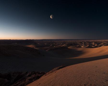 dark desert, landscape, massive blue star on the horizon view from high height, 18 mm lens, f/2, sharp focus, great image detail, cinematic lighting, ray tracing, ssao, HDR,