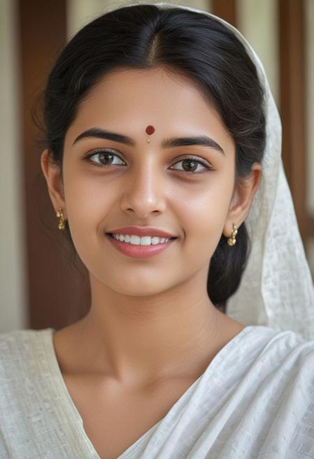 woman beautiful dark haired woman, kerala state white saree, tilak on head, kazal on eyes, lipstick colour will enhance the image,  gentle smile