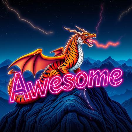 A tiger-striped dragon sitting on a mountain-top. Orange and black stripes.  Two horns.  Dragon Wings. Roaring.  Breathing fire.
Background mountains at night. Cosmic skyscape.  Synthwave colorscheme. Very realistic, fantasy illustration.
with the phrase "Awesome" emblazoned in 3D, intricate, lightning patterns, with a predominantly neon colors,