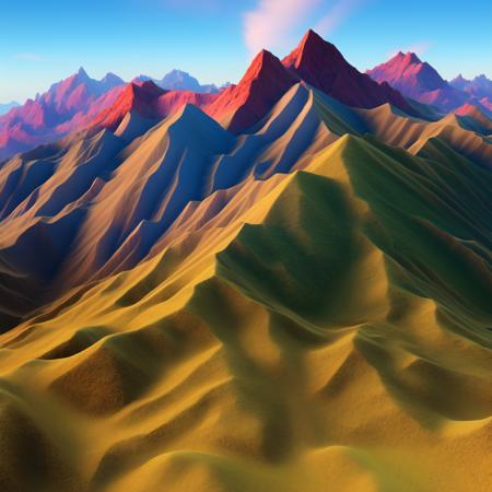 (PrismaHills:1) a computer generated image of a mountain range with mountains in the background <lora:PrismaHills_LoraBooth:1>