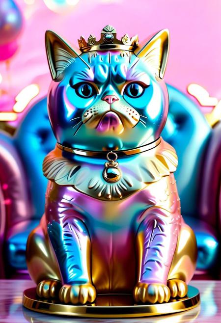 grumpy cat made of l1qu1dp34rl and polished brass, judging everyone from a throne of pearlescent donuts, pastel lighting, maximum sass with metallic elegance