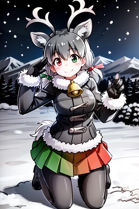 <lora:ReindeerKemonofriends_Tonakai (1):0.7>,TONAKAI,
1girl,solo,masterpiece, best quality, high quality,delicate facial features,,mishoujo,hyper_detail,game cg, finely detailed beautiful eyes and detailed face,lustrous skin,colorful
TONAKAI, Reindeer_(kemono_friends), reindeer antlers, heterochromia, deer ears, deer horn, twintails, green eye, red eye, multicolored hair, white hair, grey hair, hair between eyes, deer tail, short hair, short twintails,
Gray_pantyhose, neck bell, pleated skirt, gloves, winter coat, boots, fur trim, fur collar, ribbon, long sleeves, (collar_skirt:1.2),green skirt, red skirt, gray coat
(looking at viewer:1.3),(kneeling:1.3),(cowboy_shot:1.3), blush, smile,closed mouth, 
(Field:1.3),mountain,blue sky,cloud, snow, snowflakes