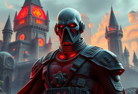 Create a hyper-realistic, 8k resolution artwork of an evil Imperial Agent from the Star Wars universe, set against the backdrop of Ancient Gear Castle, with a unique blend of 80s color schemes and industrial elements. The character should have a distinctive appearance, inspired by the works of Otto Placht, Lord Loss, and Jin-Roh, with a bald head, collar around the neck, and visible organs. The agent should be standing in a powerful pose, with a reactor and MOTU elements incorporated into the design. The artwork should be influenced by the styles of Alphonse Mucha, Matt Groening, Greg Rutkowski, Trevor Henderson, and Rossed Taws, with a focus on maximalism, golden ratio, and micro-details. The final piece should have a cinematic, epic grimdark vibe, with color grading and octane rendering that brings the scene to life.