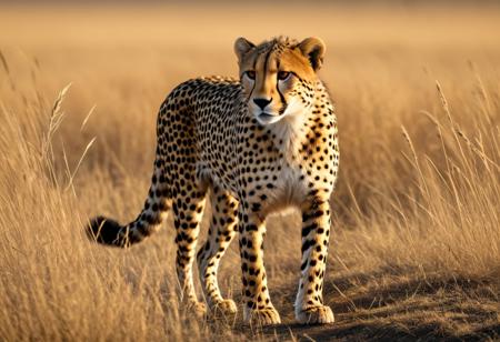Design a stunning, 
hyper-realistic scene of a cheetah in its natural habitat. Capture the sleek, 
powerful form of the cheetah as it runs through the wild, 
its muscles rippling beneath its spotted coat. The setting should evoke the vast, 
untamed beauty of the savanna, 
with tall grasses swaying in the wind and a distant horizon under a sunlit sky. The cheetah should be the focal point, 
exuding both grace and intensity, 
ready to spring into action. The overall atmosphere should convey the raw, 
untamed energy of the wild, 
highlighting the cheetah's speed and elegance in its natural environment.