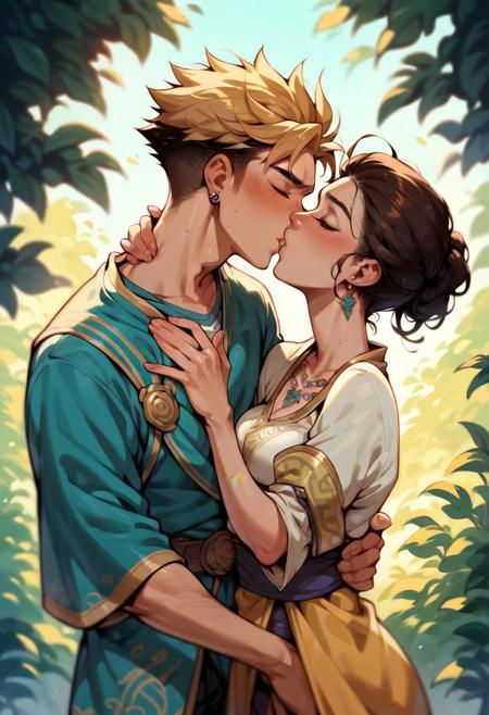 Score_9_up, score_6_up, score_7_up, score_8_up, score_5_up, 1girl, 1 guy, final fantasy, boy, shirt spiky yellow hair
Girl, shirt brown hair, summoner robe,
Kissing