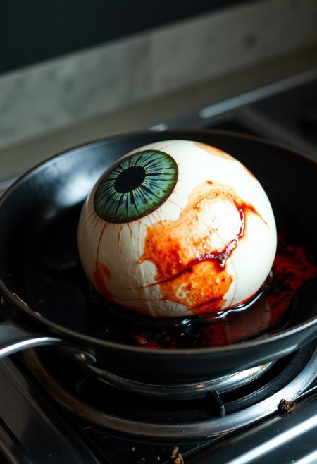 photo of a giant eyeball on frying pan, melted,