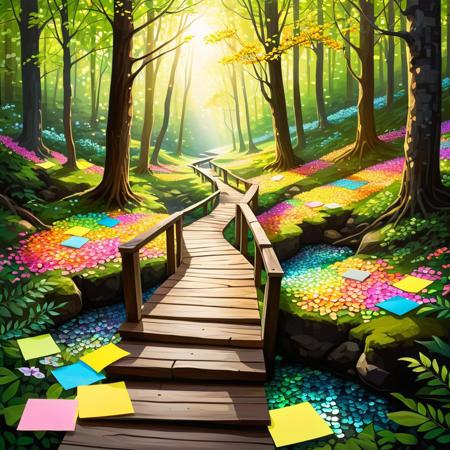 (HD, masterpiece, best quality, hyper detailed, ultra detailed, super realistic),"A serene forest path illuminated by sunlight filtering through trees made out of multicoloured jed-stickyn . The leaves sparkle like gemstones, casting colorful patterns on the ground. Include a small wooden bridge over a babbling brook lined with crystal flowers that pulse gently with light, creating a magical atmosphere.", Jed-StickyN<lora:challenge\StickyNotesStyle.safetensors:1.0:1.0>