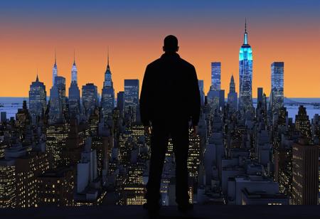 Incredibly Detailed Accurate Picture Of The New York City Skyline, With A Niko Bellic silhouette Standing In Front of It