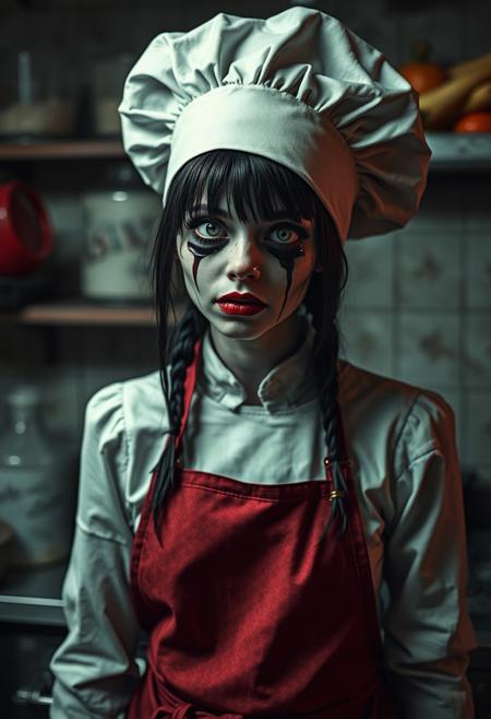 Goth zombie girl, chef on the kitchen , very earie and calm expression, close eyes,  tar coming out of the eyes, apron and chef's hat, retro horror style, UHD, head tilt, creepily watching into your soul