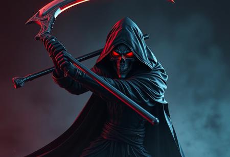 Cyborg Grim Reaper in black cloak swinging scythe. Chronomaly Crystal Skull face, intense red glowing eyes. Dynamic pose, dramatic ominous lighting, dark fantasy. Cinematic, Octane Render, Unreal Engine 5 pro, trending on Artstation, CGSociety. High-res 4K, super detailed, impeccable composition, Golden Ratio, Splash Ink illustration, matte painting, sharp focus.