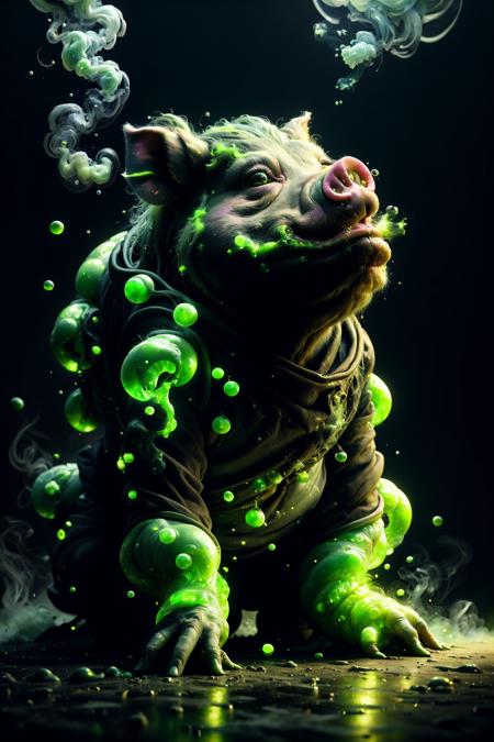 realistic, ((masterpiece)), ((best quality)), (detailed), cinematic, dynamic lighting, soft shadow, detailed background, professional photography, depth of field, intricate subsurface scattering, realistic hair,cyberwizard pig,magic, smoke, bubbles, acidzlime <lora:ral-acidzlime-sd15:1>