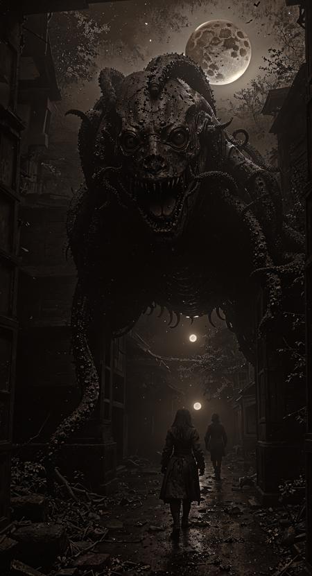 sepia old photo, damaged, early 19th century, foggy, 
fantasy, horror fantasy, raining, during the lunar eclipse a conjunction of planets unleashes the portals to the underworld releasing barbed tentacled beasts out of the ichor of the night, lunar eclipse demon tentacles barbs ichor, uhd 8k hyper-realistic intricate detail, 
<lora:oldPhotoV1:0.9>, <lora:foggy_v1.0:0.6>,
