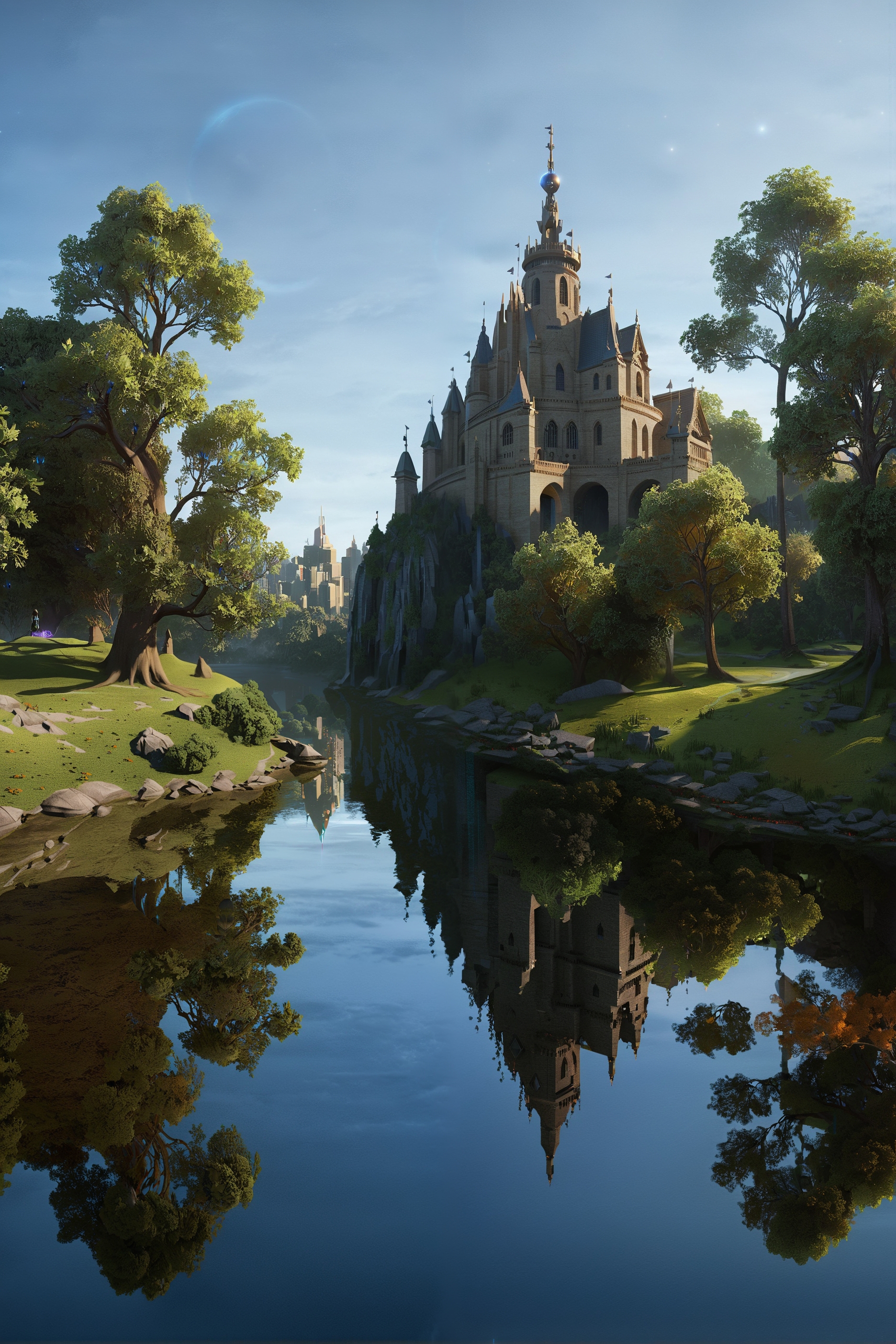 landscape of a Epic (Melekeok:1.1) , water, Clear skies, renaissance art, (character art designed by Robert Campin:1.0) , Fairy-Tale, F/2.8, raytraced reflections