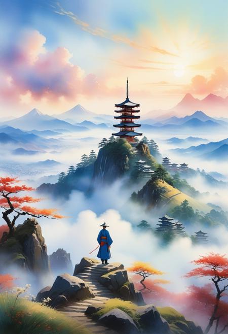 Watercolor painting. Medium shot. A lone figure stands on a misty mountain peak, gazing at a distant, ethereal city, its spires piercing the clouds. The scene is bathed in a soft, dreamlike light, with colors blending seamlessly into one another. The style evokes traditional Japanese art, with delicate brushwork and intricate patterns. The figure is rendered with finely observed details, creating a harmonious composition. The lighting is soft and diffused, casting gentle shadows and highlighting the vibrant nature scenes. A masterpiece, best quality, 8k resolution, trending on Artstation.