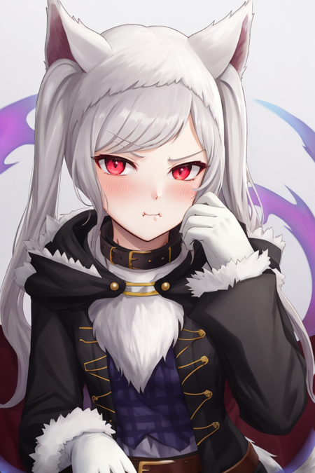 (masterpiece, best quality:1.2), fvrobin fe, blush, simple background, gloves, white background, closed mouth, tail, upper body, solo focus, belt, hood, collar, fur trim, wolf tail, pout, headpat, aura, dark aura