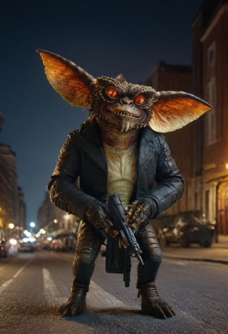 Xgremlinx,(terminator:1.3), sun bases,black  chacket, gun, amazing quality, masterpiece, best quality, hyper detailed, ultra detailed, UHD, perfect anatomy, portrait, hyper-realism, majestic, awesome, inspiring, - portrait in night city street ,  cinematic composition, soft shadows, national geographic style,