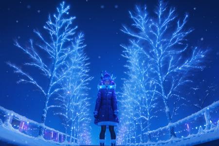 ((flourescent [blue|magenta] theme)), iridescent aura, christmas lights, bare trees, snow, snowing, 1girl, solo, adult mature woman, age 30, high quality, best quality, highres, full body, high detail,  masterpiece, pointy ears, best quality, <lora:Bluemageddon:1.1>,