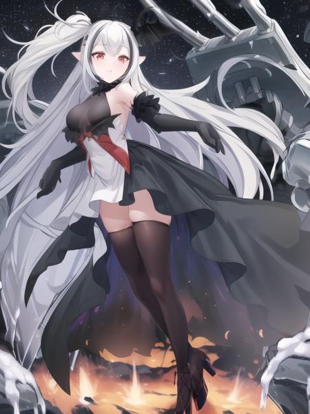 swf,(hyper extreme detailed),(masterpeace),(best quality),(hyper extreme),CG,1girl,indoors,<lora:Sevastopol:1>,Sevastopol,white hair, long hair, red eyes,side ponytail, white dress,black shirt, black long gloves, black long skirt, black thighhighs, high heels,