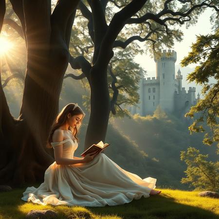 A beautiful princess sitting gracefully beneath towering ancient trees, reading a book in her lap. Sunlight filters through the dense forest canopy, casting soft golden rays on her flowing gown. In the distant background, a majestic and grand stone castle rises above the treetops, partially veiled by morning mist. The scene is tranquil, magical, and fairy tale-like, with rich natural colors, detailed textures, and a cinematic depth of field. High fantasy, ultra-detailed, 4K, storybook illustration.