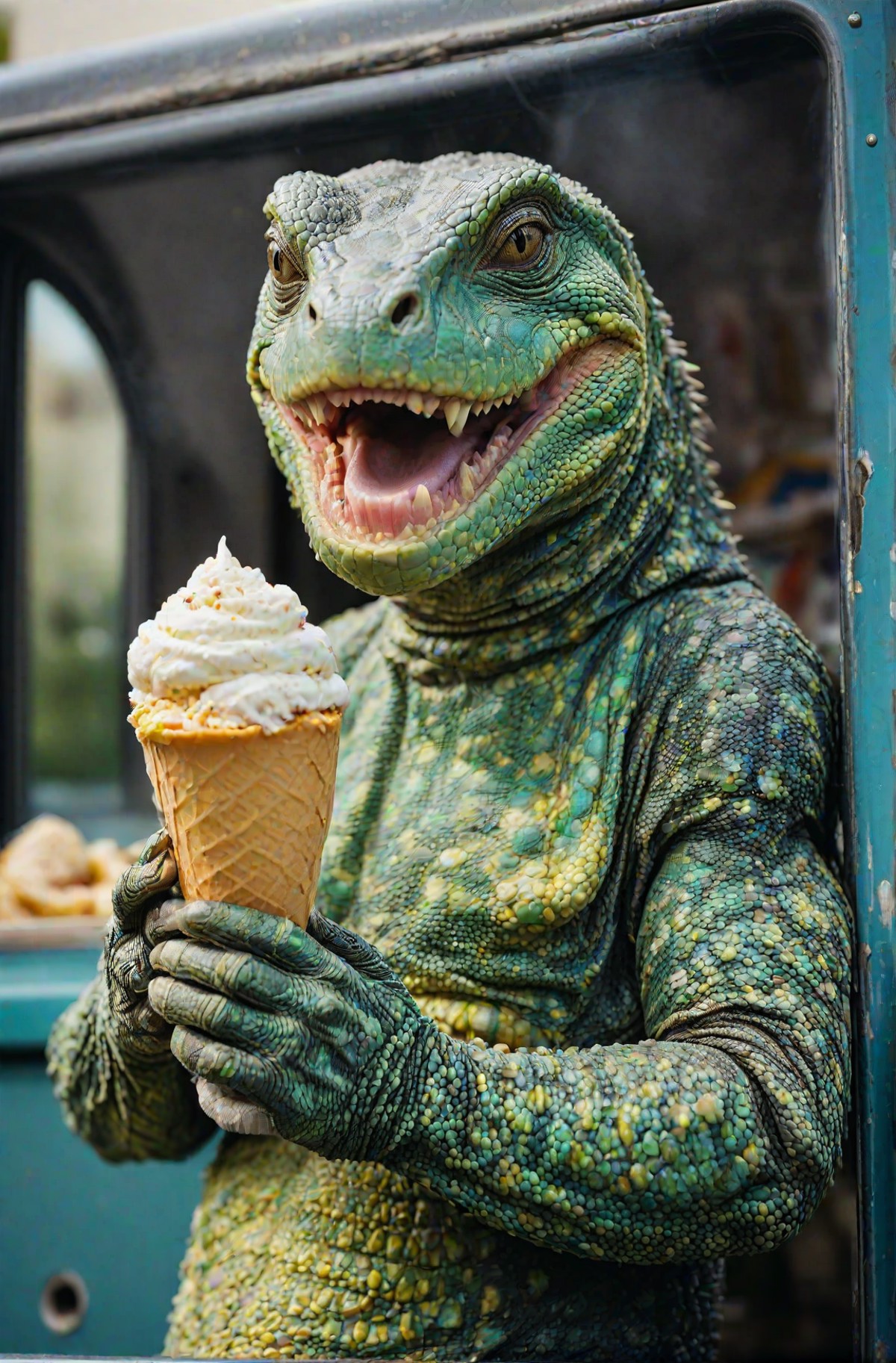 a beautiful high definition crisp portrait of old (reptile:1.2) skin selling icecream from a truck in a suburban area, tak...