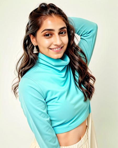 portrait photo of a vdka woman, wearing high-neck Blue clothing, solo, smiling, plain white background bokeh    <lora:vdka_Vedika_Pinto_SD15_LoRA_prodigy_local_regs_HNepochs:1>