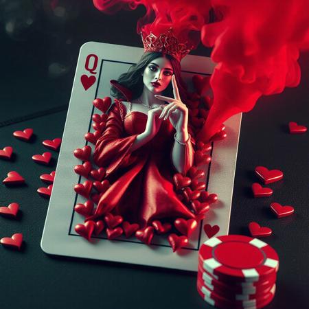 Create a hyperdetailed photorealistic macro image of a queen of hearts playing card lying on a card table. The queen is composed entirely of multiple tiny hearts. She looks contemporary, beautiful, and modern. She is portrayed as a temptress in a red silk dress surrounded by smokey red hearts and beckoning the viewer to enter the card with her  finger emerging from the card in 3D along with red smoke. Add a red poker chip to the table.