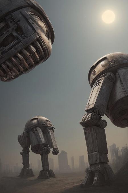 front side view, close-up, fantasy art, surrealism, grim, photorealism, hyger, a row of giant droids standing on a city wall, smog, epic, monumental, cinematic, mesmerizing, fine detail, close-up, dynamic, high detail, HDR, ultraHD, photorealistic