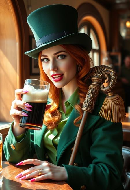 a feminine clurichaun, copper hair, drinking a pint of stout, in a country pub, fangs, Brightly coloured long finger nails, translucent green shirt, green military coat gold buttons Epaulettes, sunshine, large ornate shillelagh, top hat