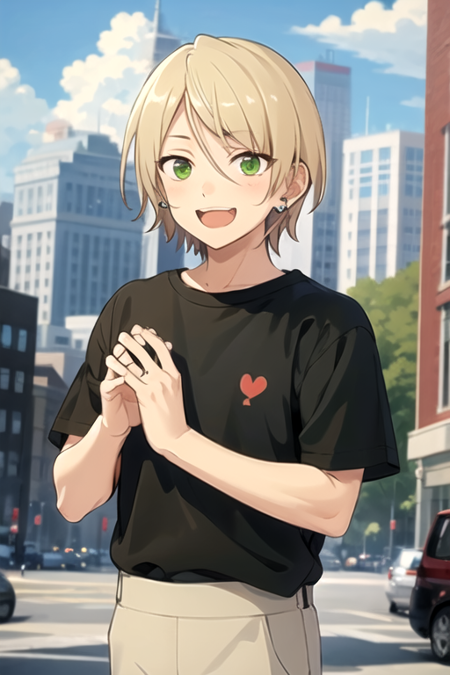 <lora:AiraShiratori-08:0.7> , aira, smile, short hair, open mouth, blonde hair, shirt, jewelry, green eyes, male focus, heart,  earrings, outdoors, sky, day, cloud, 1boy, blurry, blue sky, black shirt, sparkle, :3,  t-shirt, building, clenched hands, chibi