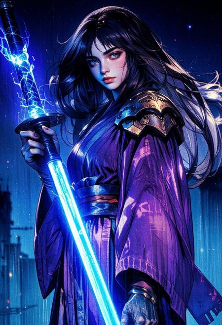 Shinobi girl wearing a kimono with shoulder armor, she's holding a katana glowing with blue energy, her long hair is flowing in the wind, she stands outside in nighttime training for her next battle. (maximum ultra high definition image quality and rendering:3), maximum image detail, maximum realistic render, (((ultra realist style))), realist side lighting, , 8K high definition, realist soft lighting, <lora:FluxMythG0thicL1nes:0.6> <lora:FluxMythR3alisticF:0.5> <lora:RetroAnimeFluxV1:0.6> <lora:OB半写实肖像画V2.0:0.6>