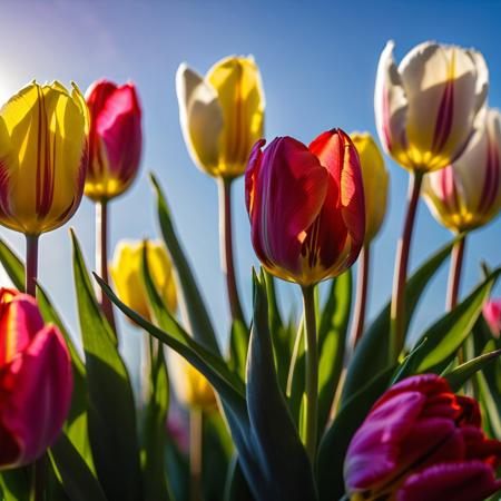 macro photo, close-up, masterpiece, 4k, ray tracing, intricate details, highly detailed, hyper realistic, 8k RAW editorial photo.
red, pink, yellow, blue, white tulips,lit by the sun, dramatic light, shallow depth of field,