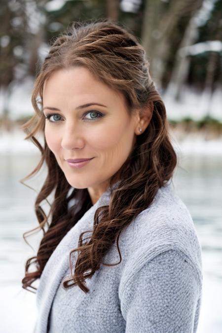 christmas costume ,  frozen lakeside , day  <lora:Orla_Brady:1> masterpiece, best quality, detailed face,, 1girl, solo, a mature o1873b, brown_eyes, realistic, brown_hair, long_hair, posing,