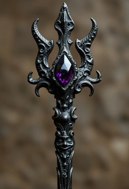A Highly Detailed Ancient  Black Scary Looking Scepter With A Dark Purple Gem embedded in it