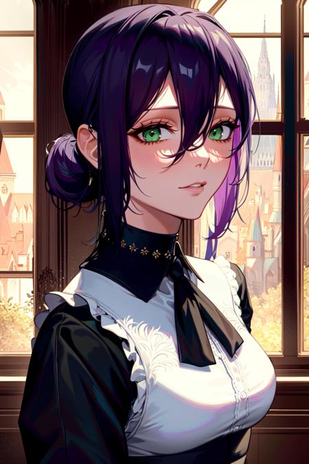 masterpiece, ((ultra detailed background, delicate pattern, intricate detail)), (highly detailed, fine details), best quality, beautiful lighting, ((medium breasts, slim girl)), Reze, 1girl, solo, green eyes, choker, hair between eyes, multicolor hair, purple hair, black hair, hair bun, short hair, white shirt, collared shirt, blush, sleeveless, ribbon, black shorts, complex detailed background, inside, castle room environment, medieval castle, gray walls, window, bookshelf, (close-up, portrait),  <lora:Reze:0.7>